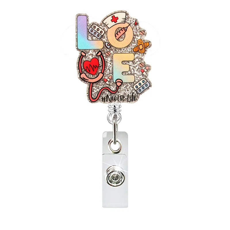 Newest Glitter Acrylic Nurse World Badge Reel Retractable ID Badge Holder With 360 Rotating Alligator Clip Nurse Name Holder