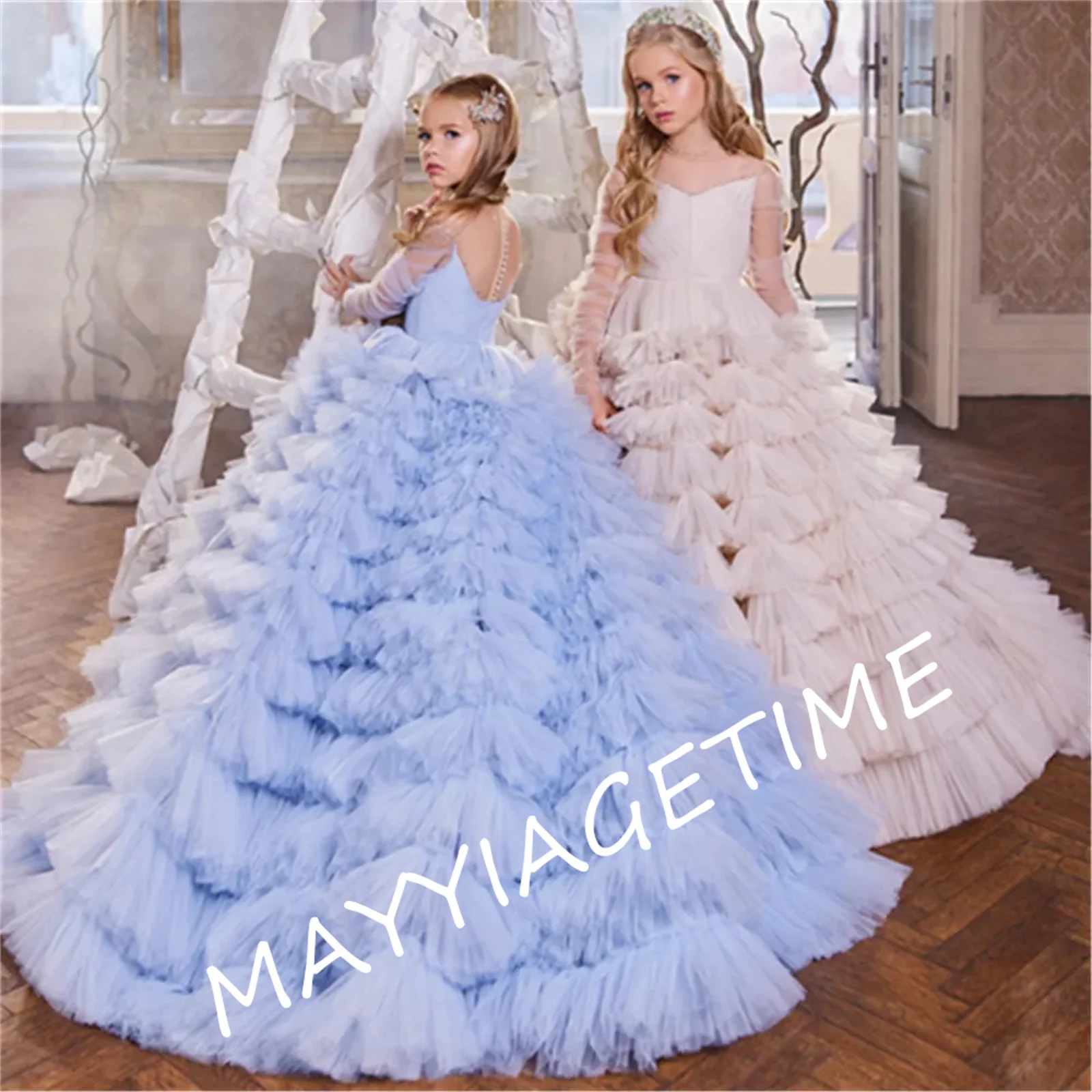 

Luxury Flower Girl Dresses For Wedding Prom Party Christmas Long Sleeve Blue Girls Banquet Gowns Tiered Skirts Princess Dress