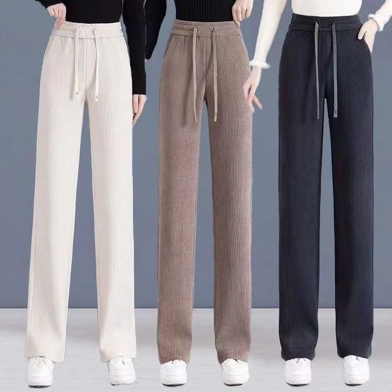 Women\'s Straight strappy trousers Drapey Corduroy High-waisted loose slimming Wide-Leg Pants  Spring Autumn cotton velvet pants