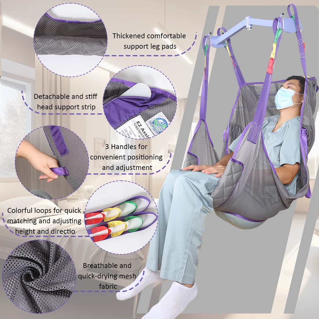 Ehucon Full Body Mesh Toileting Sling Patient Lift Sling with Commode Opening for Elderly Disabled Heavy Duty Patient Aid