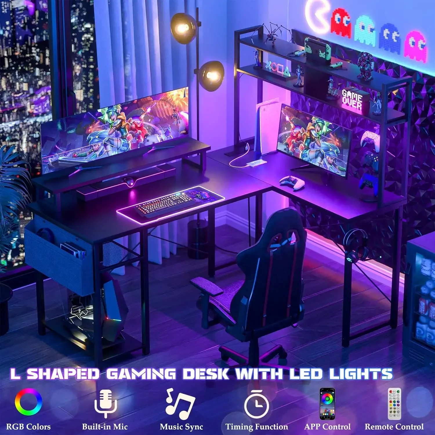 Small L Shaped Gaming Desk with LED Lights & Power Outlets, Reversible L-Shaped Computer Desk with Monitor Stand & Storage