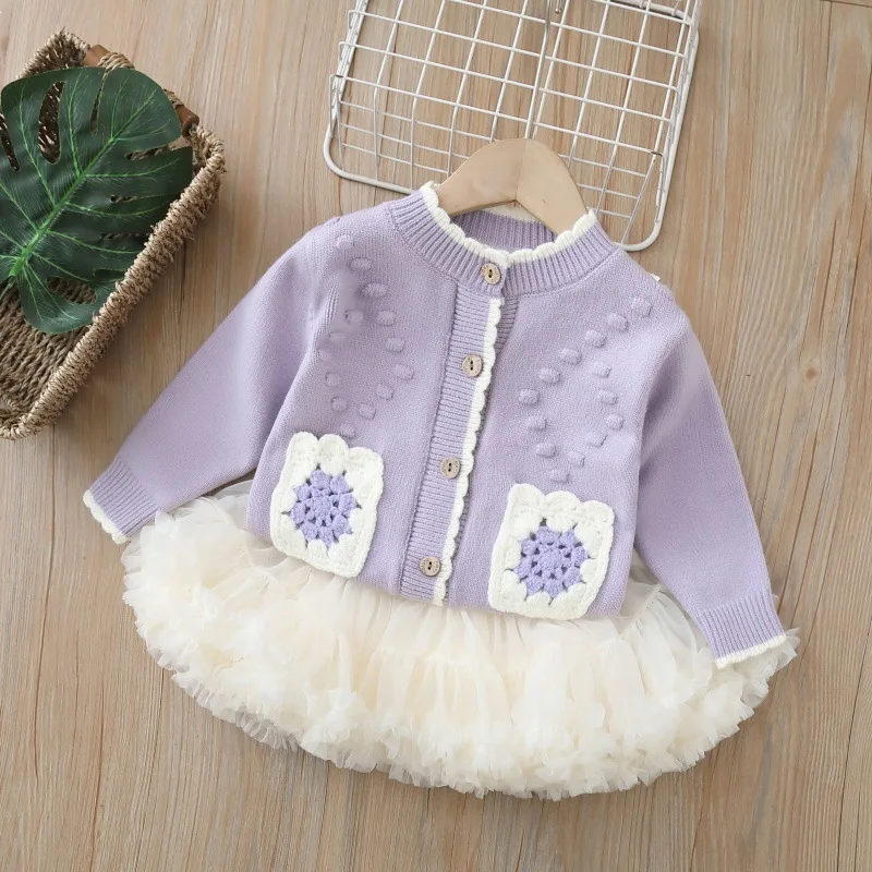 Girls spring two-piece dress princess fluffy female baby Korean version of the knitted cardigan 2 pieces combination suit autumn