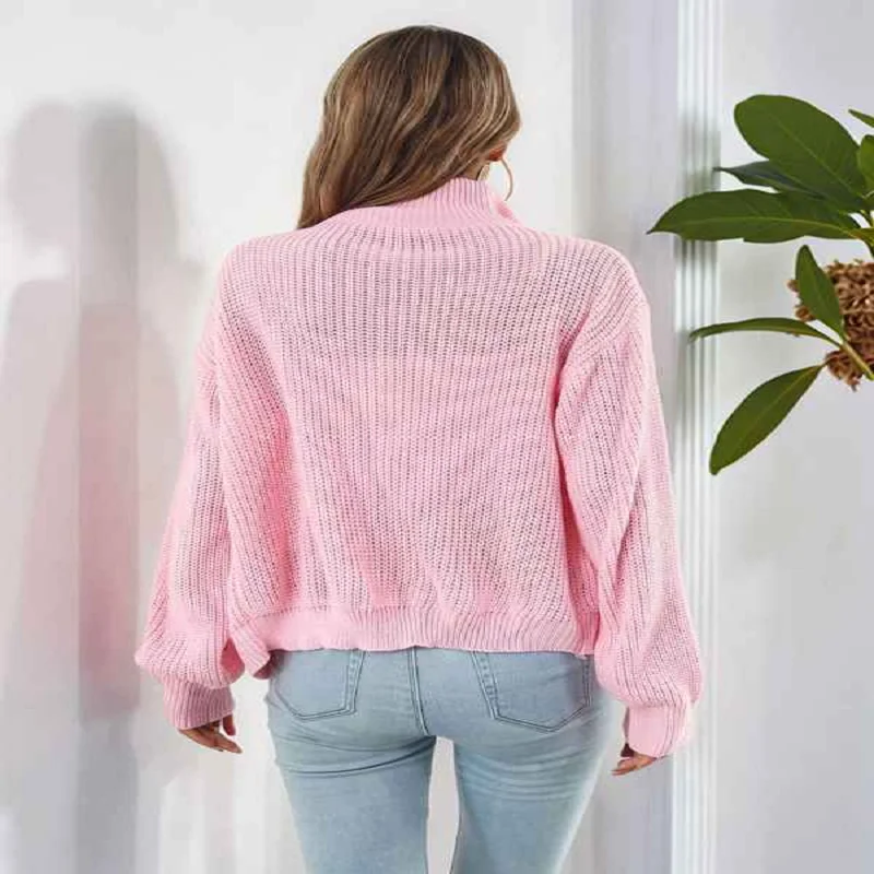 Dames gebreid vest met col en lange mouwen Herfst en winter Los gebreid vest met ritssluiting