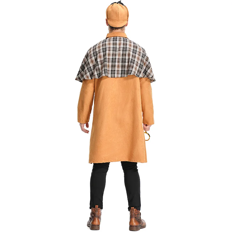 Traje de detetive cosplay para homens adultos, casaco de manga comprida, xale quadriculado, estilo francês, script play, roupa de Halloween