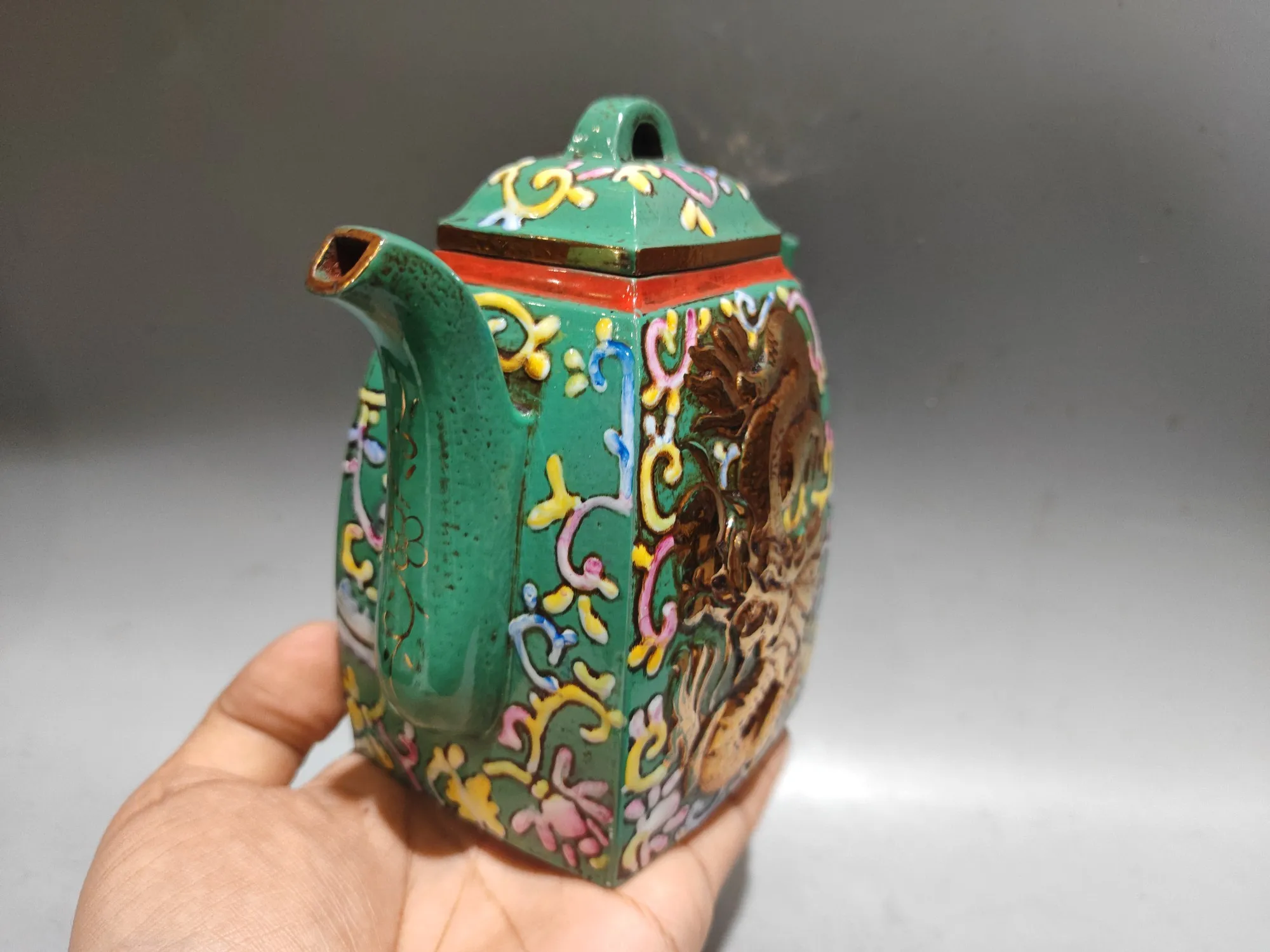 Raw purple clay ore high-end Pointillism Gilded Enamel Dragon flower pattern Four sided teapot Teapot Pot Tea Maker Ornaments
