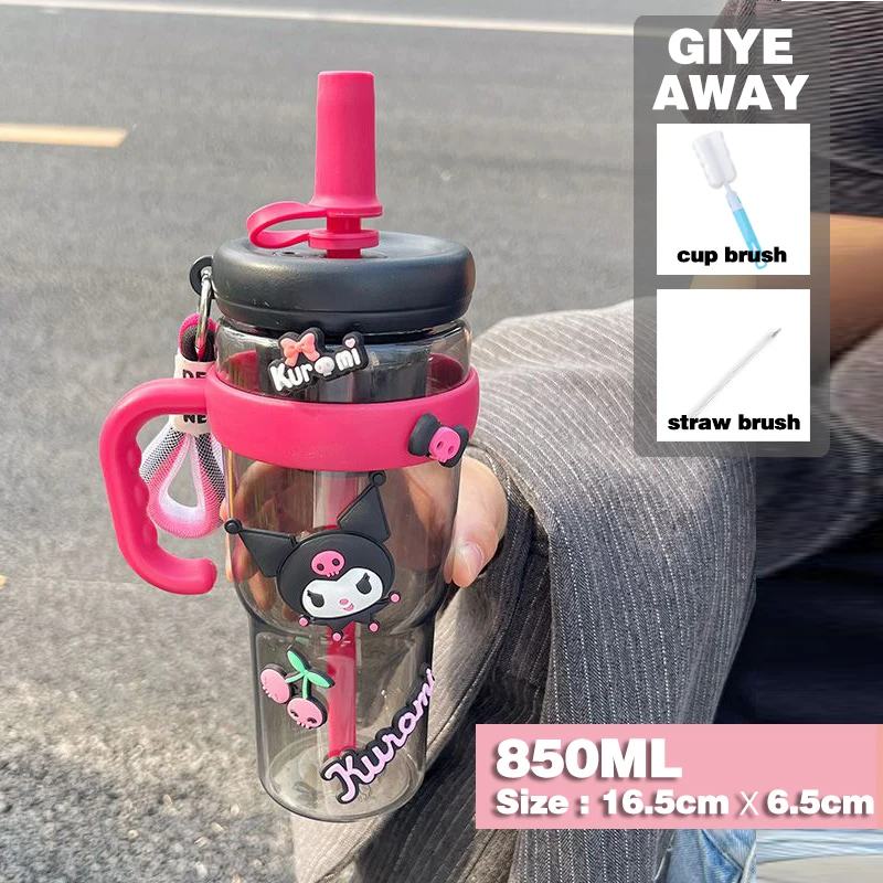 850ML With Handle Water Bottle MINISO Hello Kitty Gym Large Capacity Straw Water Cup Kuromi My Melody Cartoon Children Cup Gift