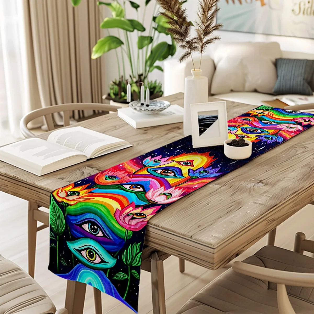 print table runner Lotus Eye Floral Mystical Style Long cloth for Weddings Elegant Home Decor accessories,home Durable Fabric