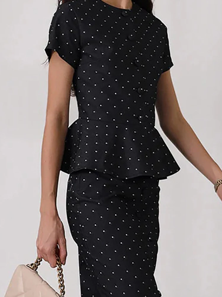 

Wave Point Design Printed Party Set Women's O Neck Short sleeved Top and A-line Skirt 2 Piece Elegant High Waist Commuter Suit