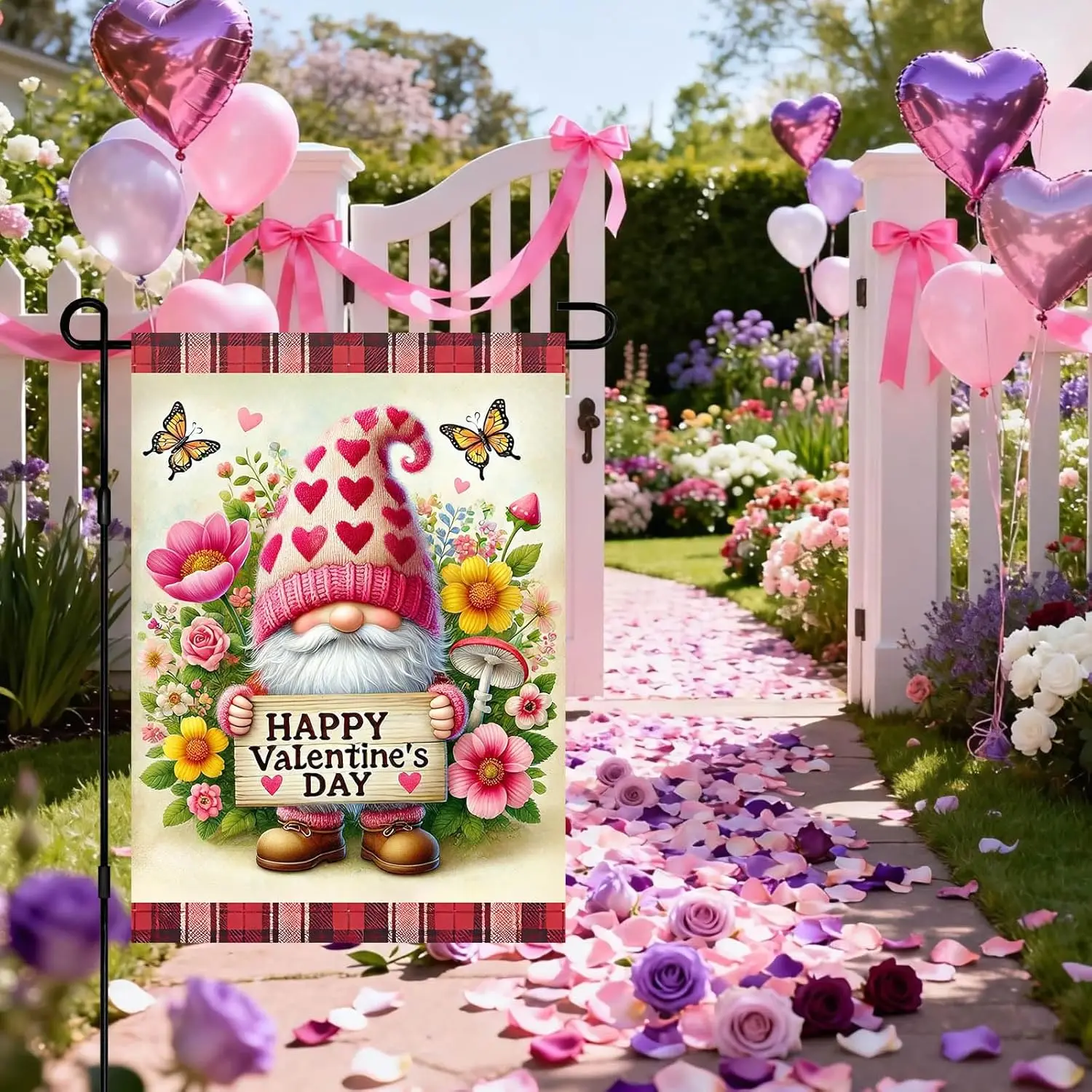 IVN Valentines Day Garden Flag 12 x 18 Inch Yard Flag Double Sided Gnome Holding Flowers Decorative Small Flags for Outside  zzo