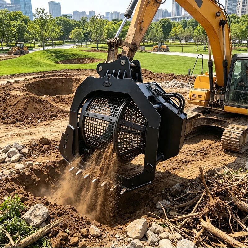 Premium Excavator Screening Bucket Rotary Drum Attachment for Soil Stone Gravel Aggregate Recycling Construction Sites