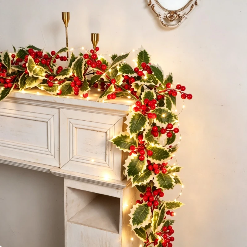 175cm Artificial Christmas Garland Holly Vine, Faux Red Poinsettia Berry Green Pine Vine Garland for Xmas Indoor Christmas Decor