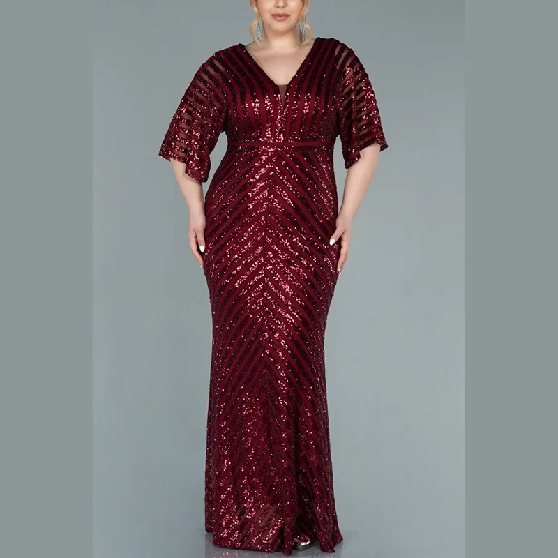 Plus Size scollo a V strisce orizzontali paillettes verdi abito di lusso 4 xl5xl abito a coda di pesce elegante di lusso Plus Size donna