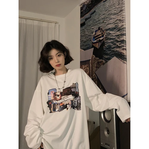 흰색 티셔츠 여성용 긴소매 라운드넥 가을겨울 큰사이즈 오버사이즈 아메리칸 빈티지 조거 티셔츠 티셔츠 티셔츠 