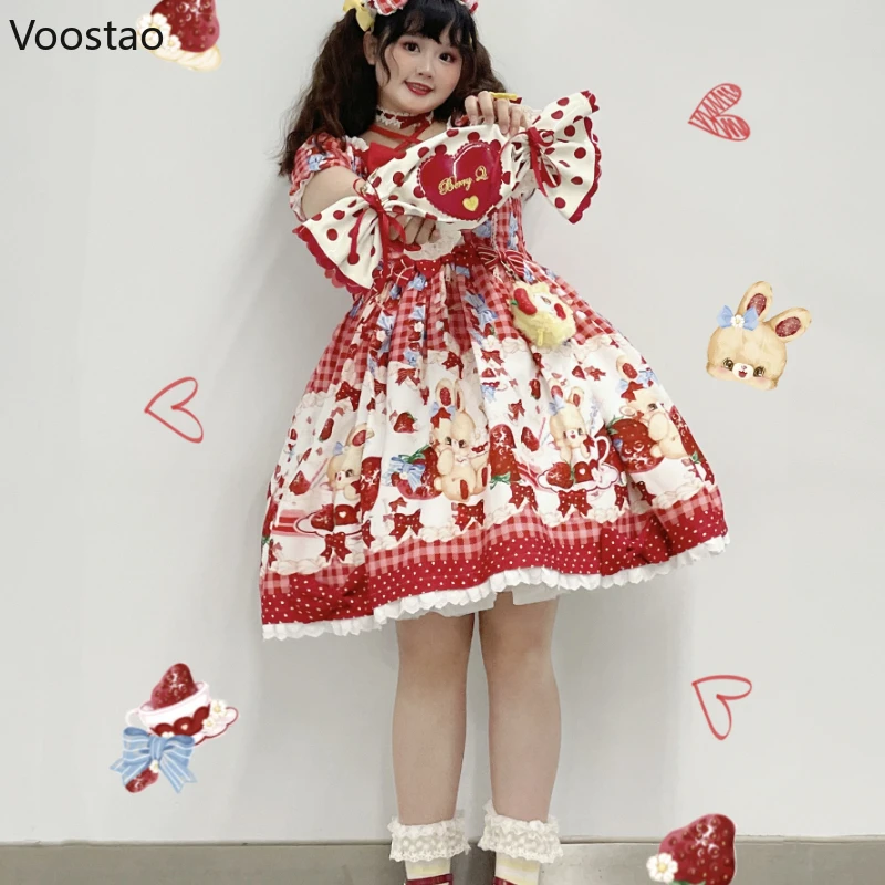 Japanese Sweet Lolita OP Dress Women Cute Lace Strawberry Rabbit Print Red Plaid Tea Party Dresses Vintage Kawaii Princess Dress