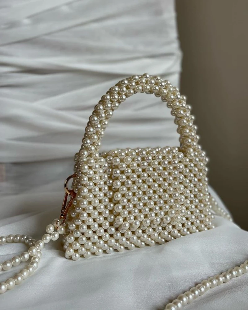 Pearl bead bag designer brand Acrylic stone box tote handbag women handmade party purse 2023 summer new