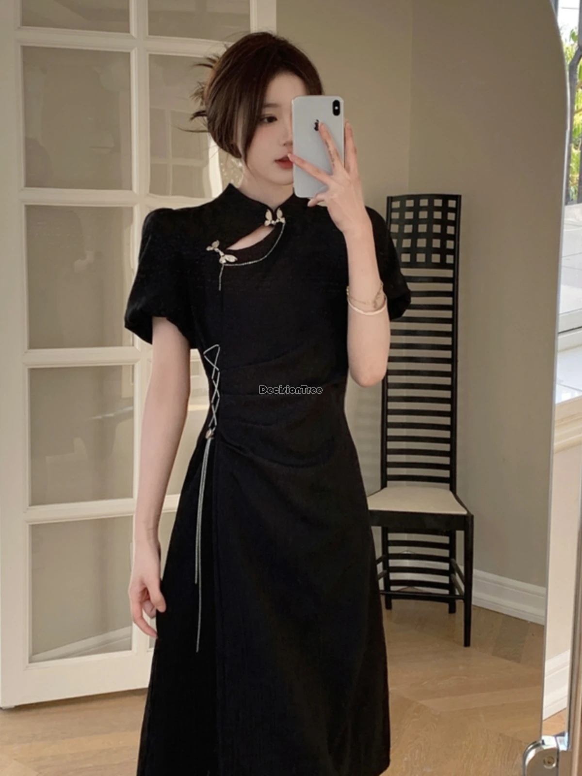

2025 new chinese style short sleeve hollow out deisgn cheongsam dress women summer zen improved long elegant qipao dress t001