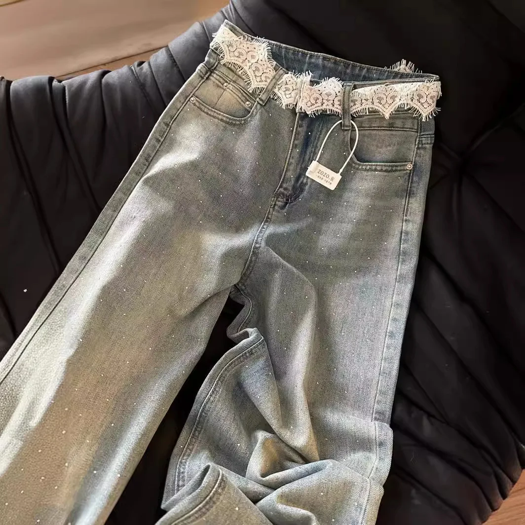 

Женские дизайнерские кружевные джинсы с маленькой пастой и бриллиантами, уличная одежда для девочек, уличная одежда, джинсовые брюки, винтажные женские модные мешковатые брюки