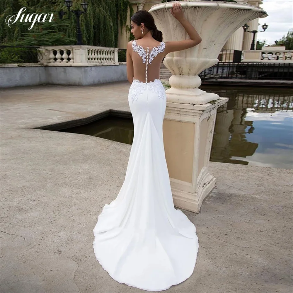 Elegant Mermaid Wedding Dresses 2023 Sheer O-Neck Sleeveless Lace Appliques Sweep Train Chiffon Bridal Gown With Button Back