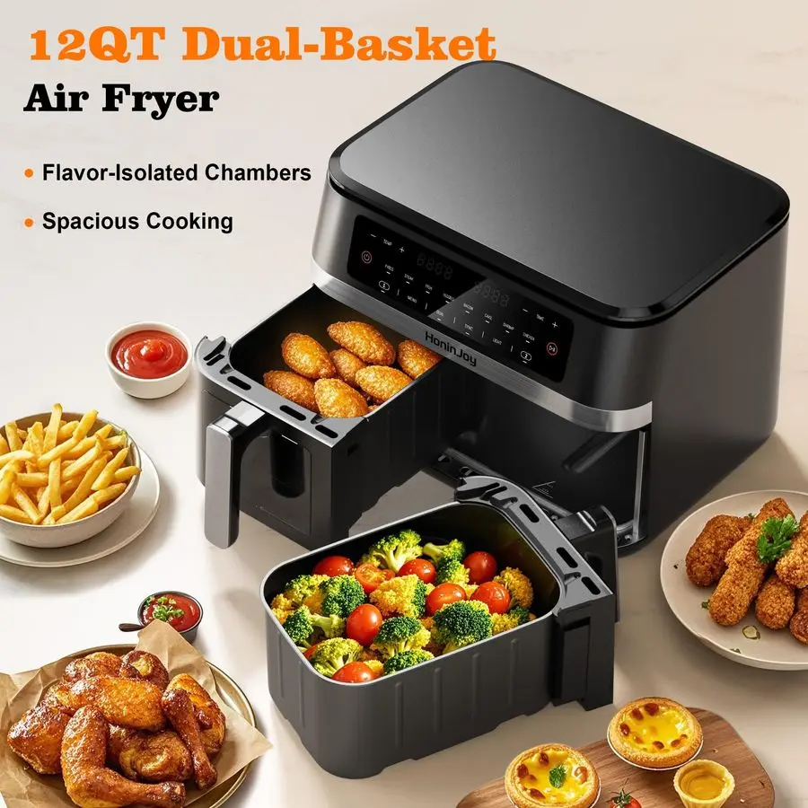 مقلاة هوائية كبيرة بسلة مزدوجة مع نافذة عرض و50 قطعة من بطانات الورق، مقالي هوائية رقمية مزدوجة المنطقة تعمل باللمس 10 في 1، SyncCo