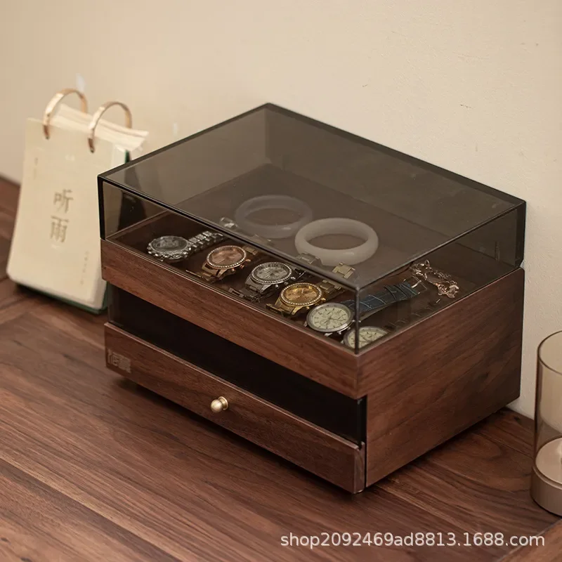 Walnut Jewelry Watch Storage Box with Drawer Double Layer Coffee Cup Tea Set Plexiglass Cover Dustproof Display Case