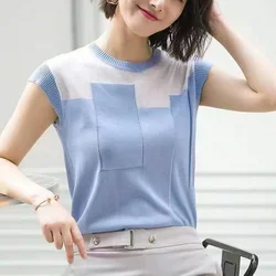 Korean Patchwork Ice Silk Knitted Tops Women Blusas Mujer De Moda O-neck Short Sleeve Pullover Fashion Thin Blouse Blusas 87962