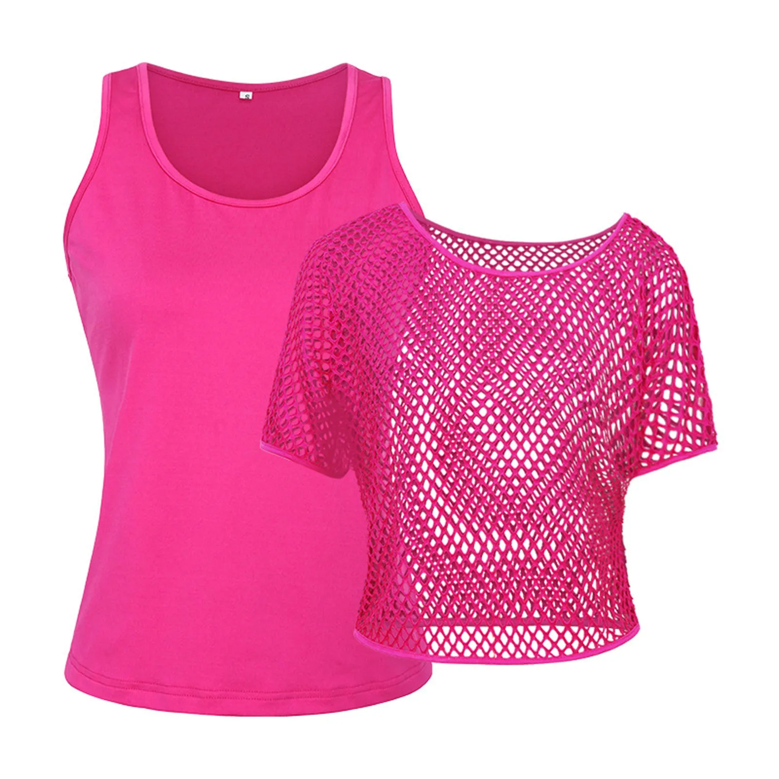 Women Neon Fishnet Mesh Top Summer Short Sleeve T-Shirt Two Piece Set Streetwear Solid Color Tees Tops Camisetas De Mujer