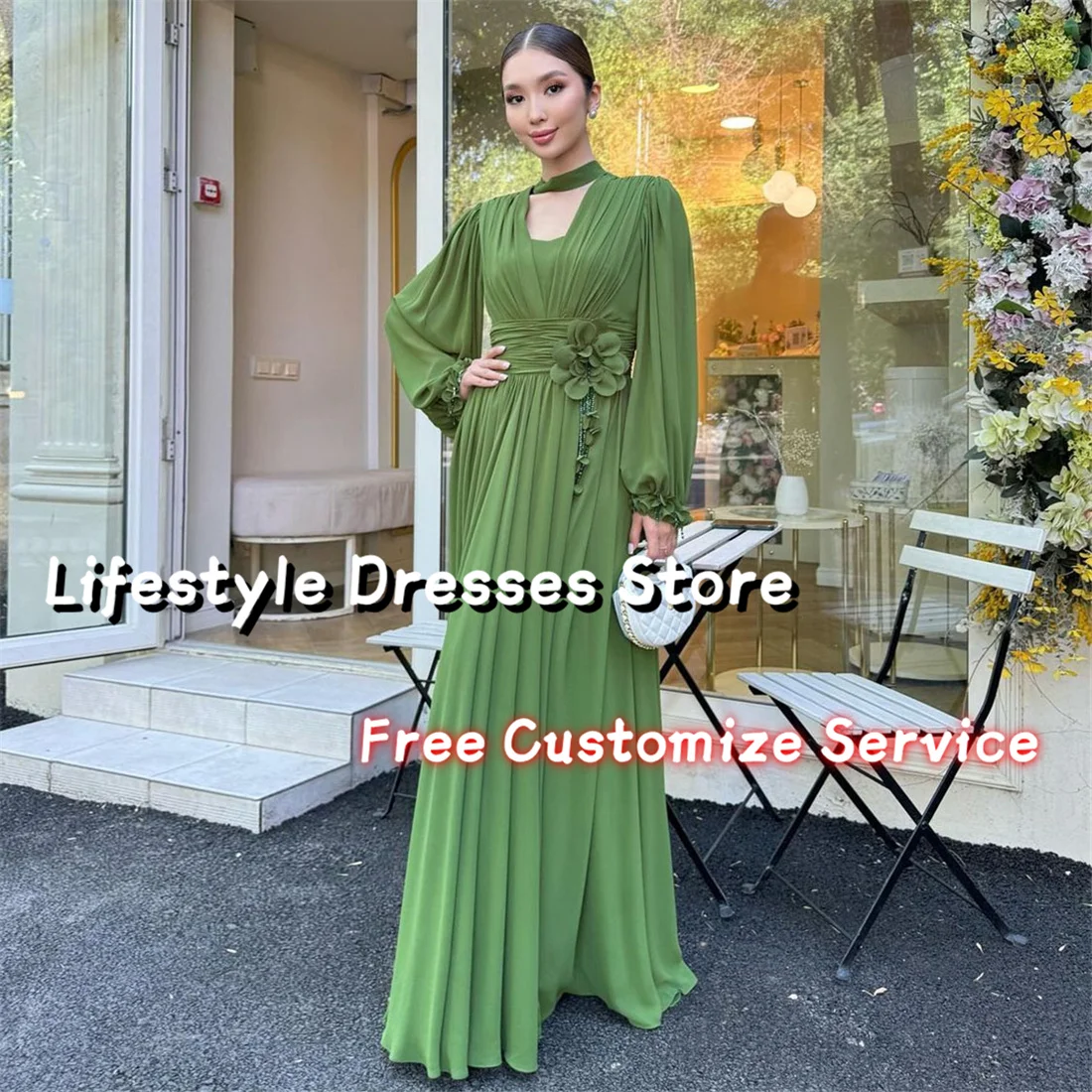 

Long Puff Sleeves Flowers Prom Dress Chiffon Beadings A-Line Wedding Party Gown Elegant Women Evening Dress