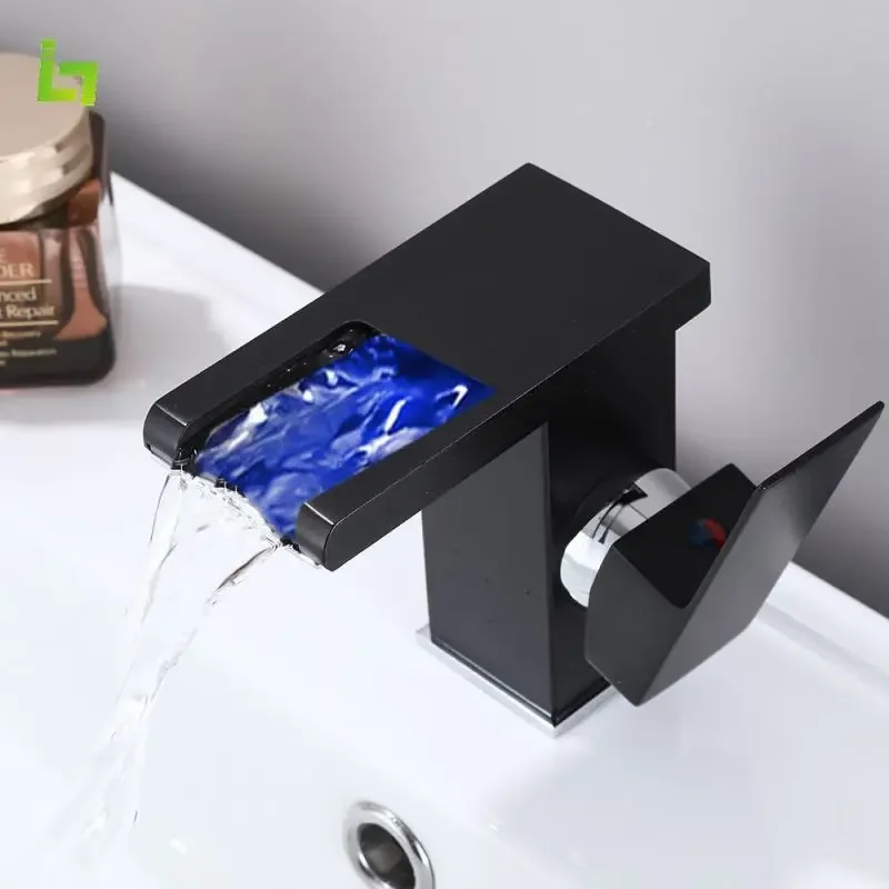 LED Basin Faucet Brass Waterfall Faucet Temperature Colors Change Bathroom Cold Hot Water Mixer Tap Deck Mounted Wash Sink Taps