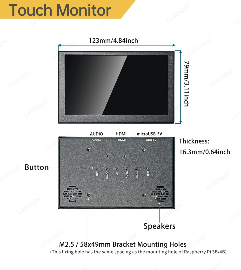 LESOWN Маленький сенсорный монитор 5-дюймовый HDMI HD 800x480 IPS емкостный ЖК-дисплей с динамиками для ПК мини-вторичный экран