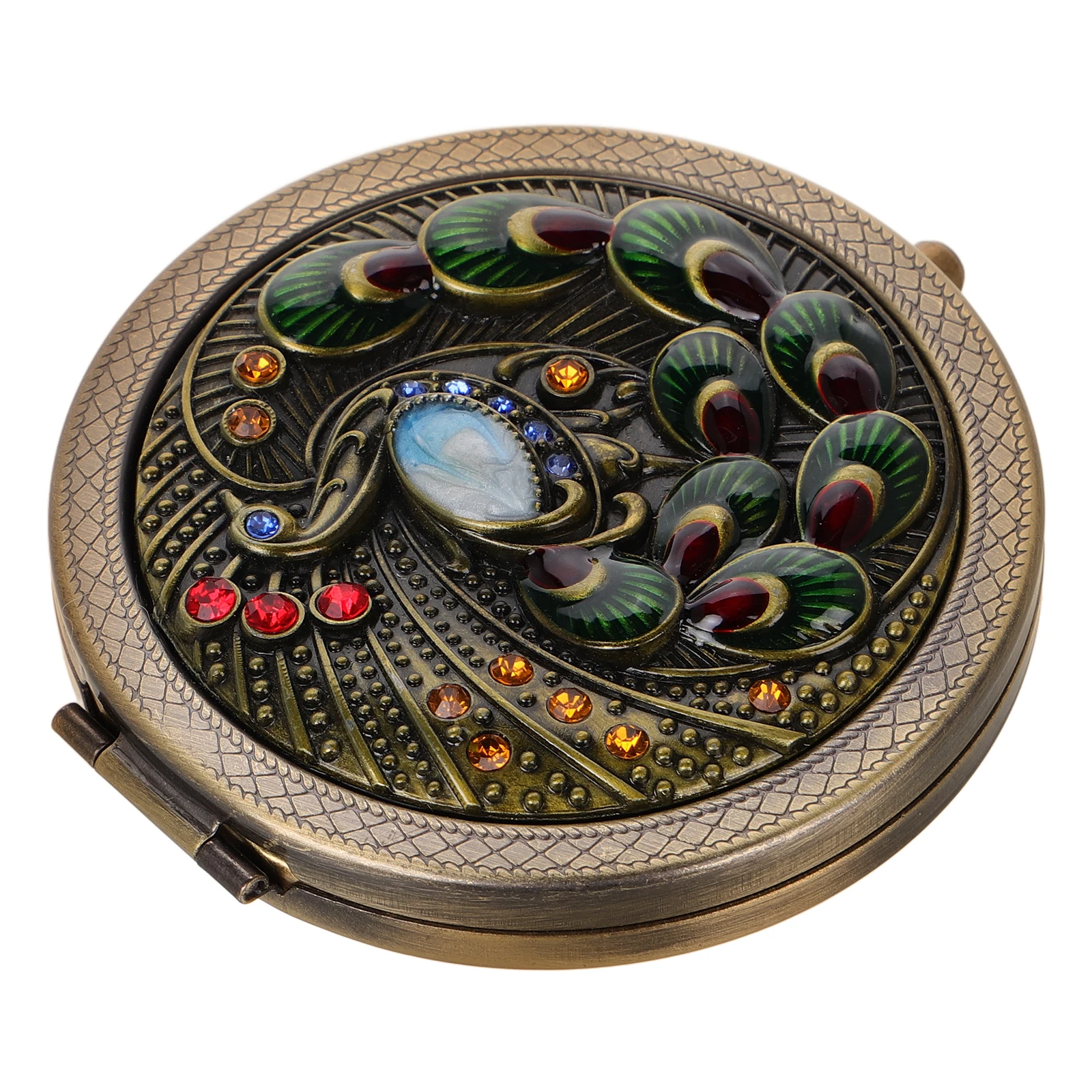 

Retro Peacock Small Round Mirror Vintage European Metal Foldable Portable Compact Handheld Cute Pocket Double Sided Makeup