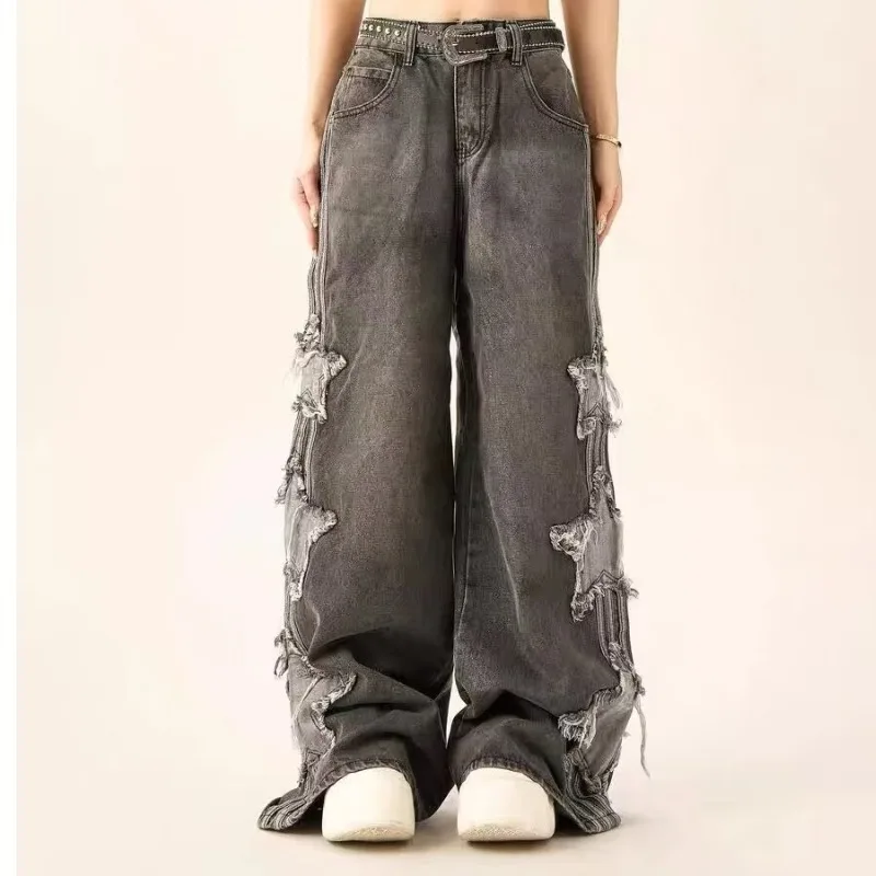 ANJY Autumn Winter New Women's Spliced Star Niche Chic Tide Loose Wide-Leg Jeans American High Street Fashion Denim Pants A14830