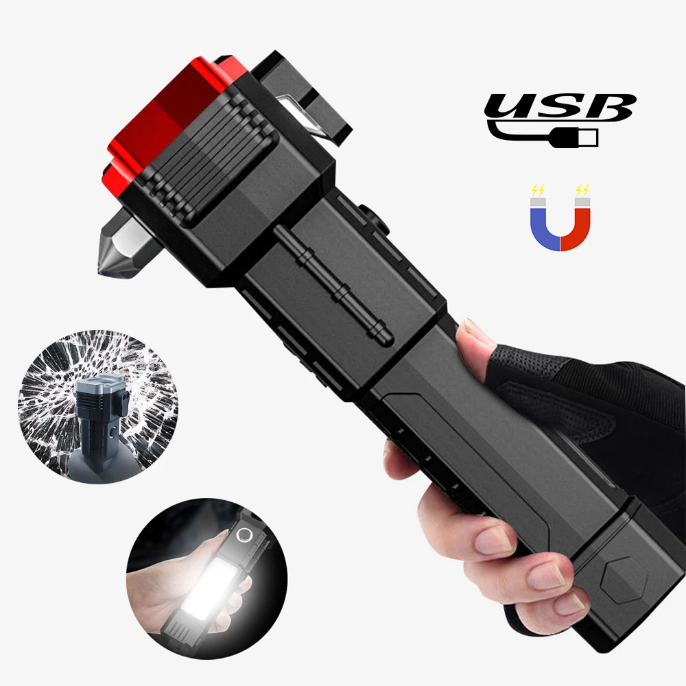 

Rechargeable Tactical Led Torch Power Bank Magnetic Cob Working Light Outdoor Camping Lamp Self-Defense Safety Hammer Flashlight