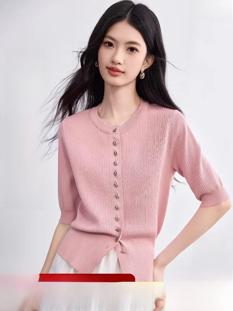 

Faionable Knitted Sweater Women's round Ne Metal Button Heart Design Commute Sle Spring Season Polyester Fiber Straight...