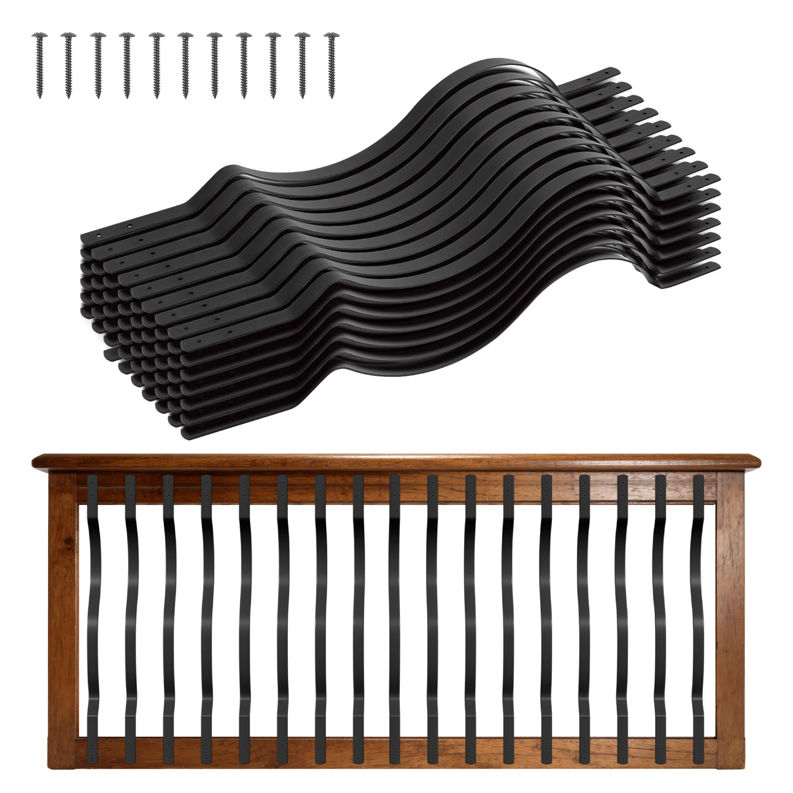 SucceBuy 61 Pack Deck Balusters 32.28x1In Metal Railing Spindles Galvanized Steel With Screws Wavy Design For Outdoor Deck Black