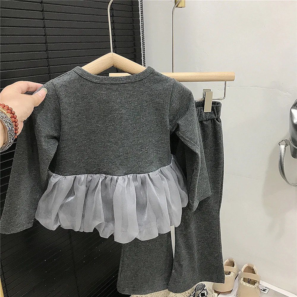 Girls Flower Bud Top Set Spring Autumn Long Sleeve Mesh Splicing Shirt Flares Pants 2pcs Suit Fashion Girls Clothes Set