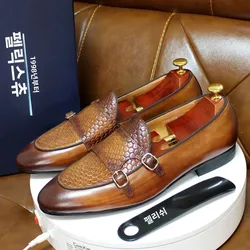 Men's Genuine Leather Loafers Metal Buckle Monk Shoes Casual Business Dress Gentleman Wedding Party Formal Shoes