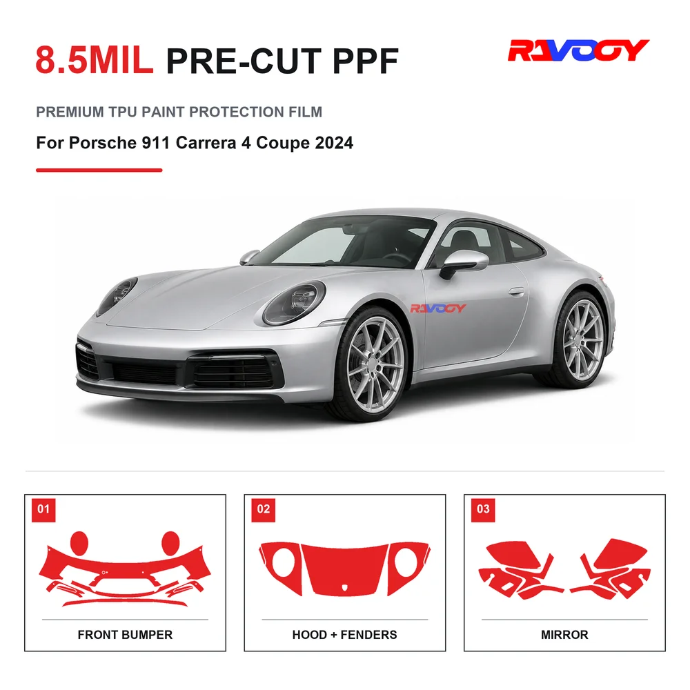 Precut PPF For Porsche 911 Carrera 4 Coupe 2024 8.5mil TPU Clear Paint Protection Film Self Healing Hydrophobic Stone Chip Guard