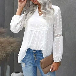 Women Lantern Long Sleeve Chiffon Blouse Sexy V-Neck Swiss Dot Lace Splicing Flowy Shirts Solid Color Loose Pleated Pullover