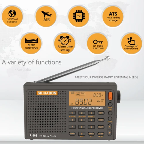 SIHUADON R-108 라디오 FM 스테레오 디지털 휴대용 라디오, AM SW 에어 라디오, 리시버 알람 기능, 디스플레이 시계 온도 스피커  Best5