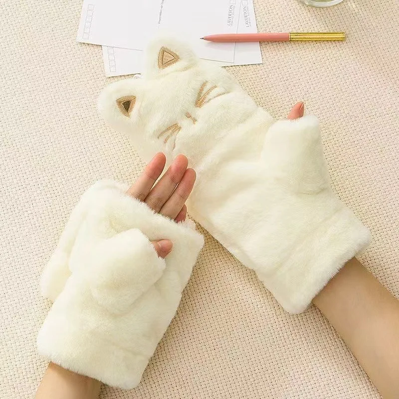 Cat Gloves Winter Women's Plush Cute Fingerless Korean Style Half Finger Warm Student Girl Plush Flip Cross-Border