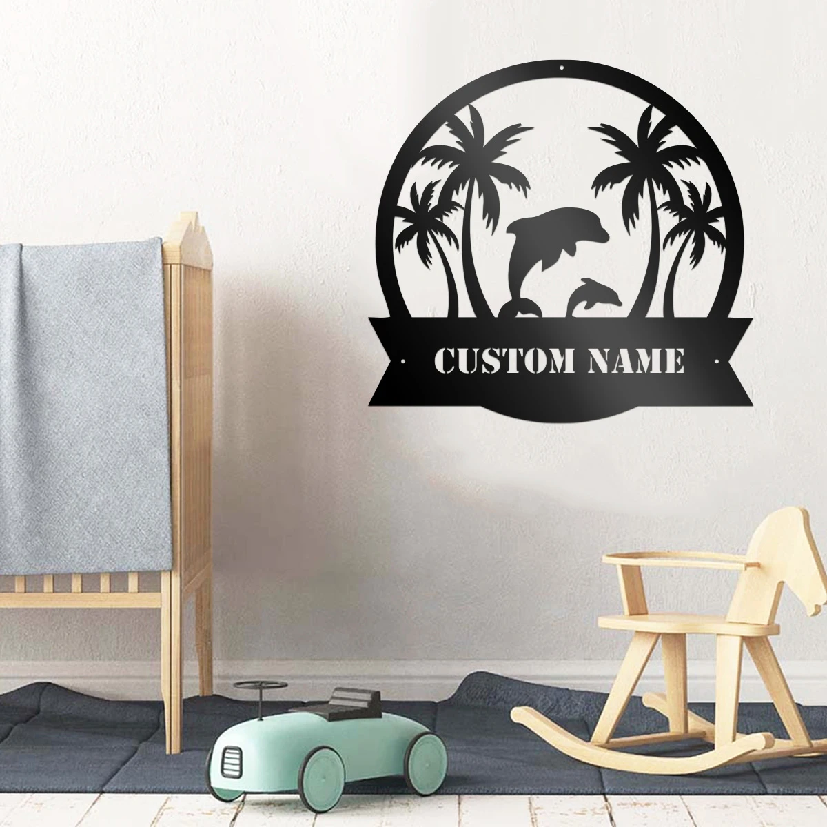 

1PC Fashion Dolphin coconut tree Personalized Text Metal artwork Iron Plaque Metal Wall Signs For Living Room Decor