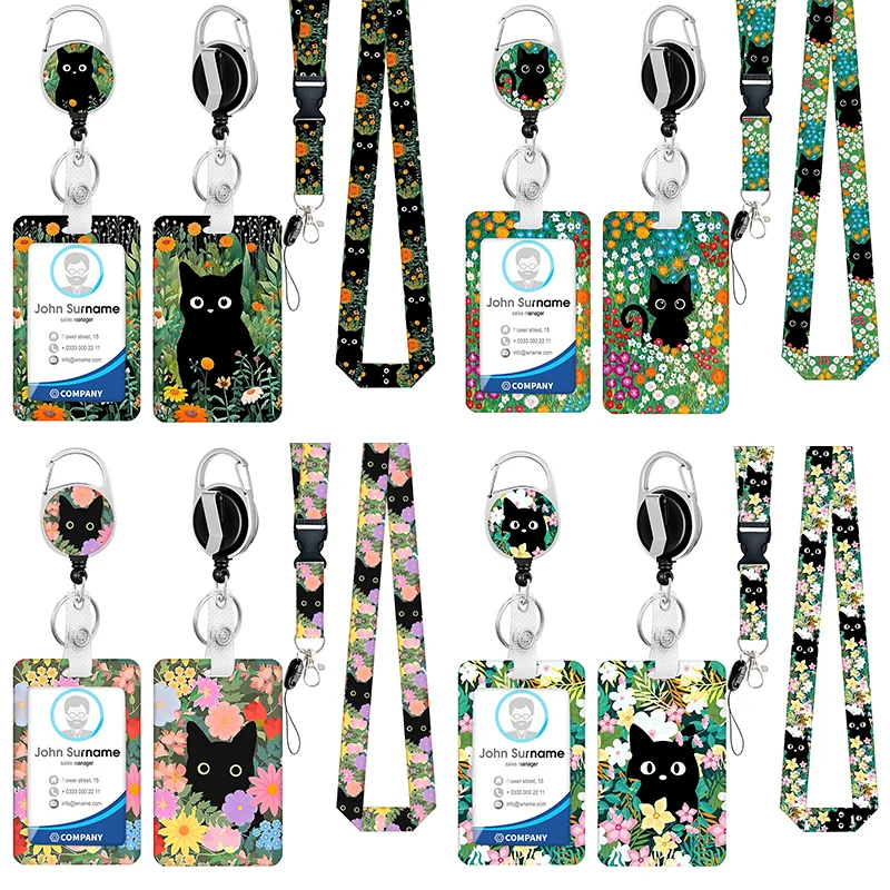 Aesthetic Cat Floral Card Holder with Badge Retractable Reel Lanyard Set for Women Cute Black Cat Pull Buckle Card Cover Case