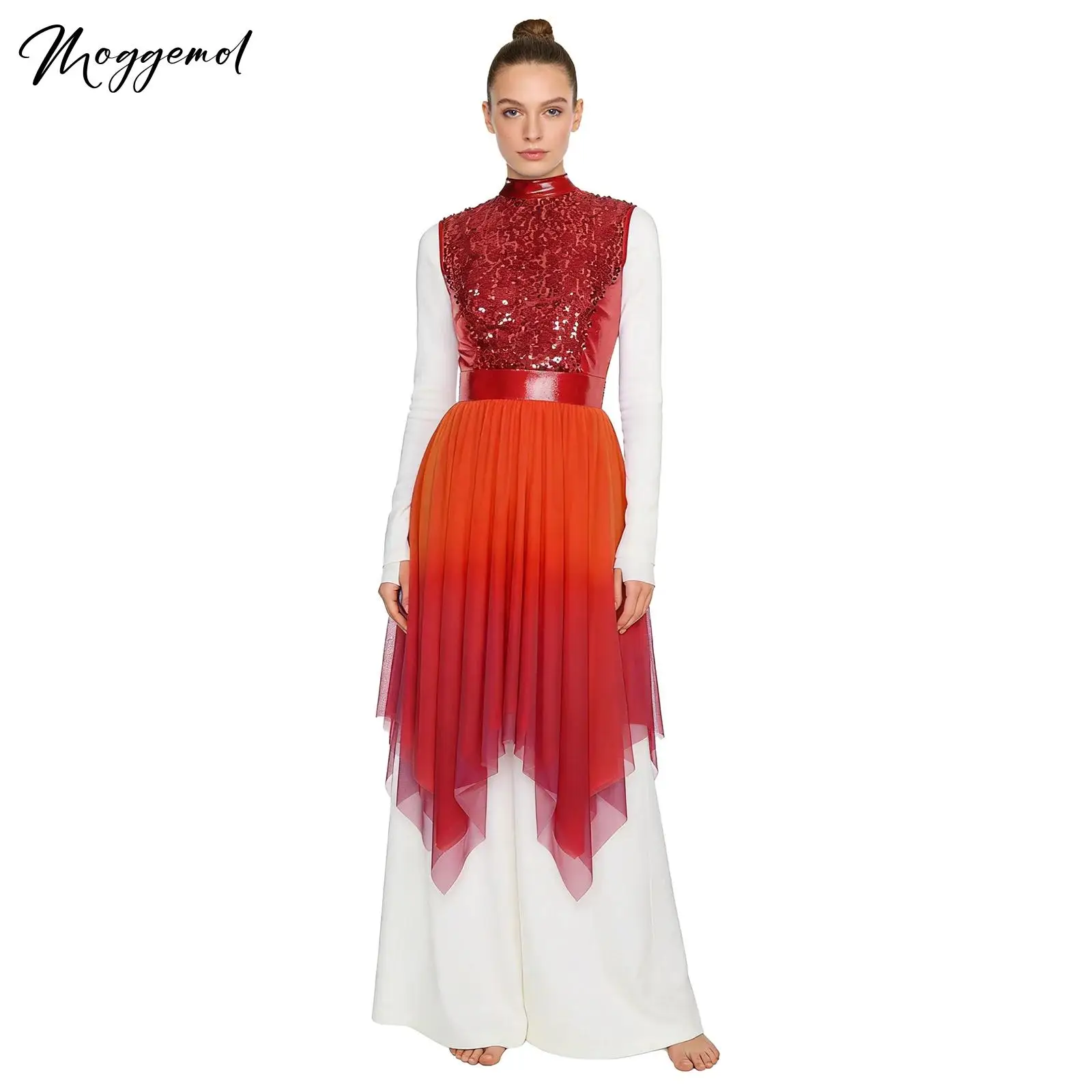 

Womens Worship Liturgical Praise Dance Dress Tunic Shiny Sequined Sleeveless Bodice Gradient Mesh Irregular Hem Lyrical Costume