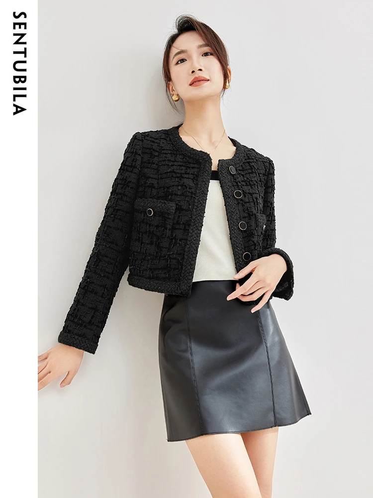 SENTUBILA Black Cropped Textured Tweed Jacket for Women Luxury Round Neck Open Front 2024 Spring Elegant Short Coats 133W50034