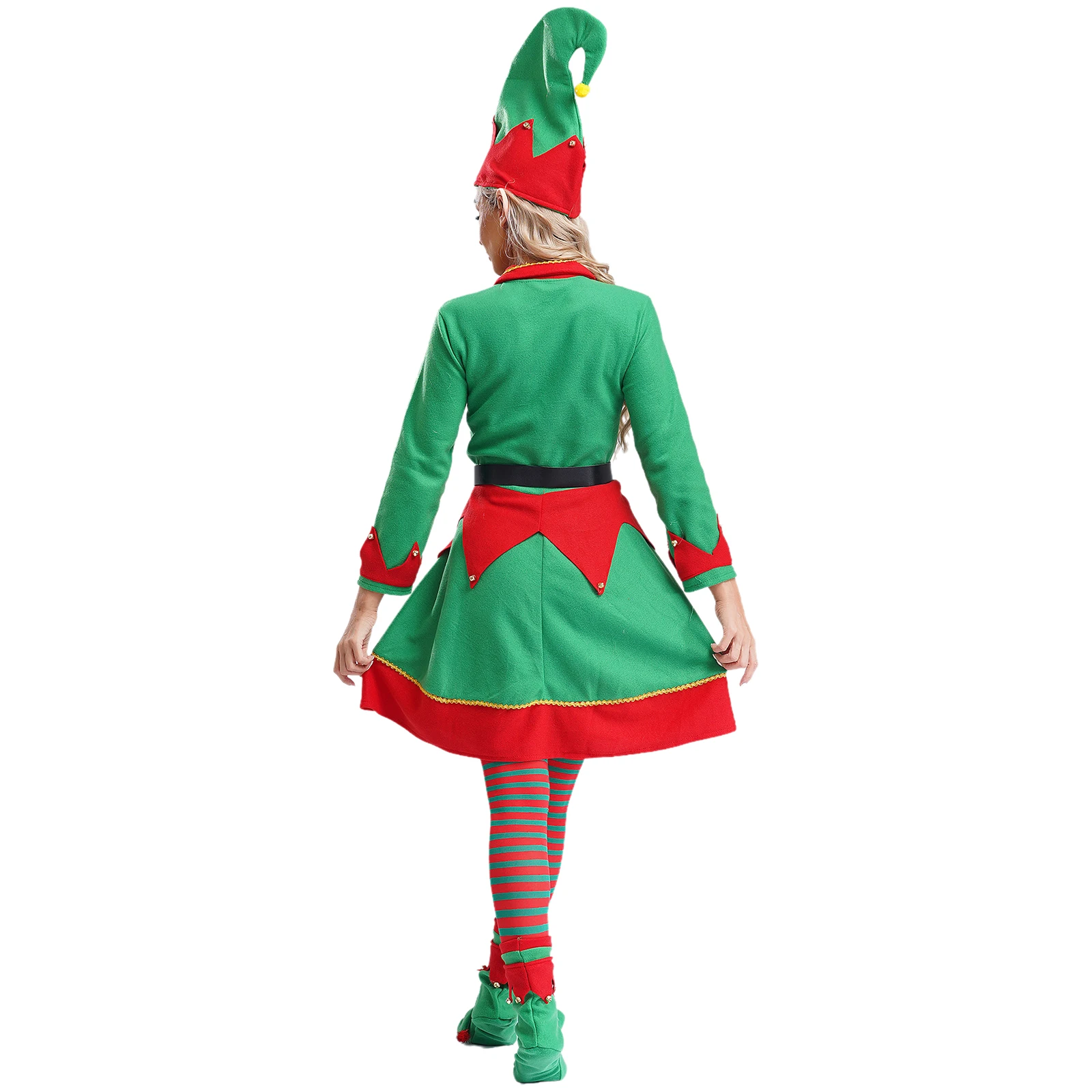 6Pcs Women Dance Dress Christmas Elf Costume Santa Claus Cosplay Party Costume Set Velvet Dress Hat Elf Ears Shoes Belt Stocking