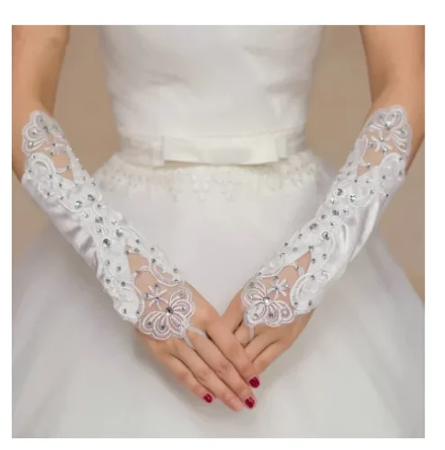 

Elbow Length Bridal Gloves Lace Tulle Rhinestone Crystal Wedding Hand Accessory