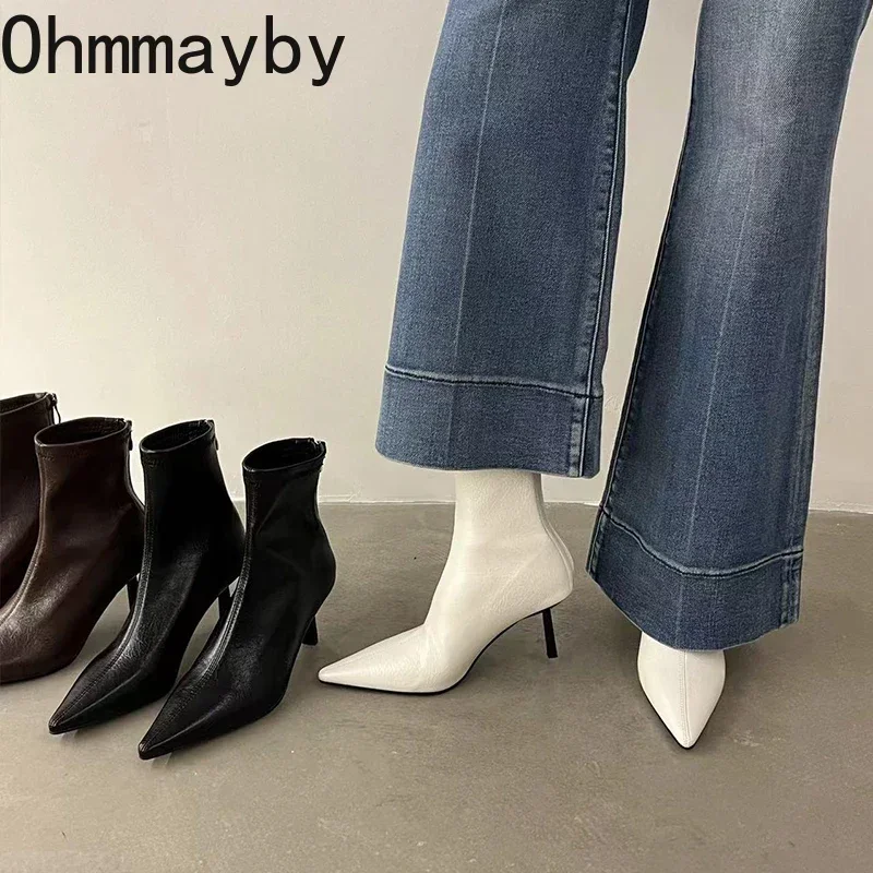 Pointed Toe Women Slim Ankle Boots Fashion Back Zippers Shoes Autumn Winter Thin High Heel Women\'s Morder Short Booties