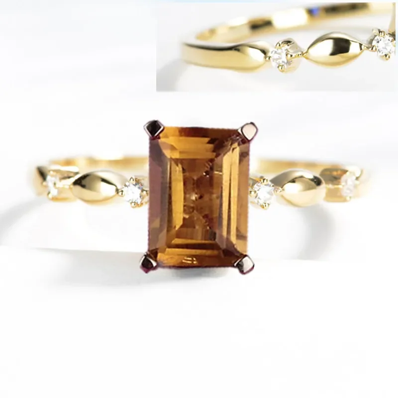 Solid 14k Yellow Gold Riing 5x7mm Emerald Cut Citrine Natural Diamonds Engagement Ring Fine Jewelry