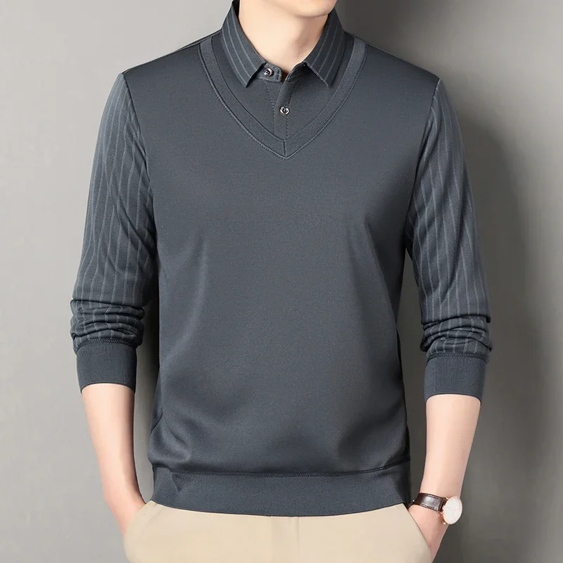 Slim Fit Warm Faux Layered Sweater Men Striped Collar V Neck Rib Detail Daily Dating Long Sleeve Knit Top