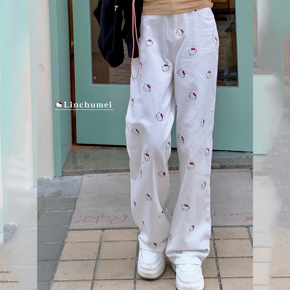 

Женские джинсы в стиле аниме Y2K Hello Kitty Sanrio Kawaii, винтажные брюки в американском стиле, весенне-осенние трендовые свободные брюки с высокой талией для мытья полов